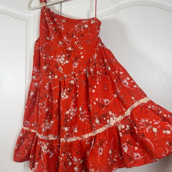 Red One-Shoulder Linen Floral Mini Dress XS Free People Summer Party Festival - Picture 4 of 9